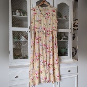 VTG 90s April Cornell Pale Yellow Floral Maxi Dress with Pink & Red Blooms